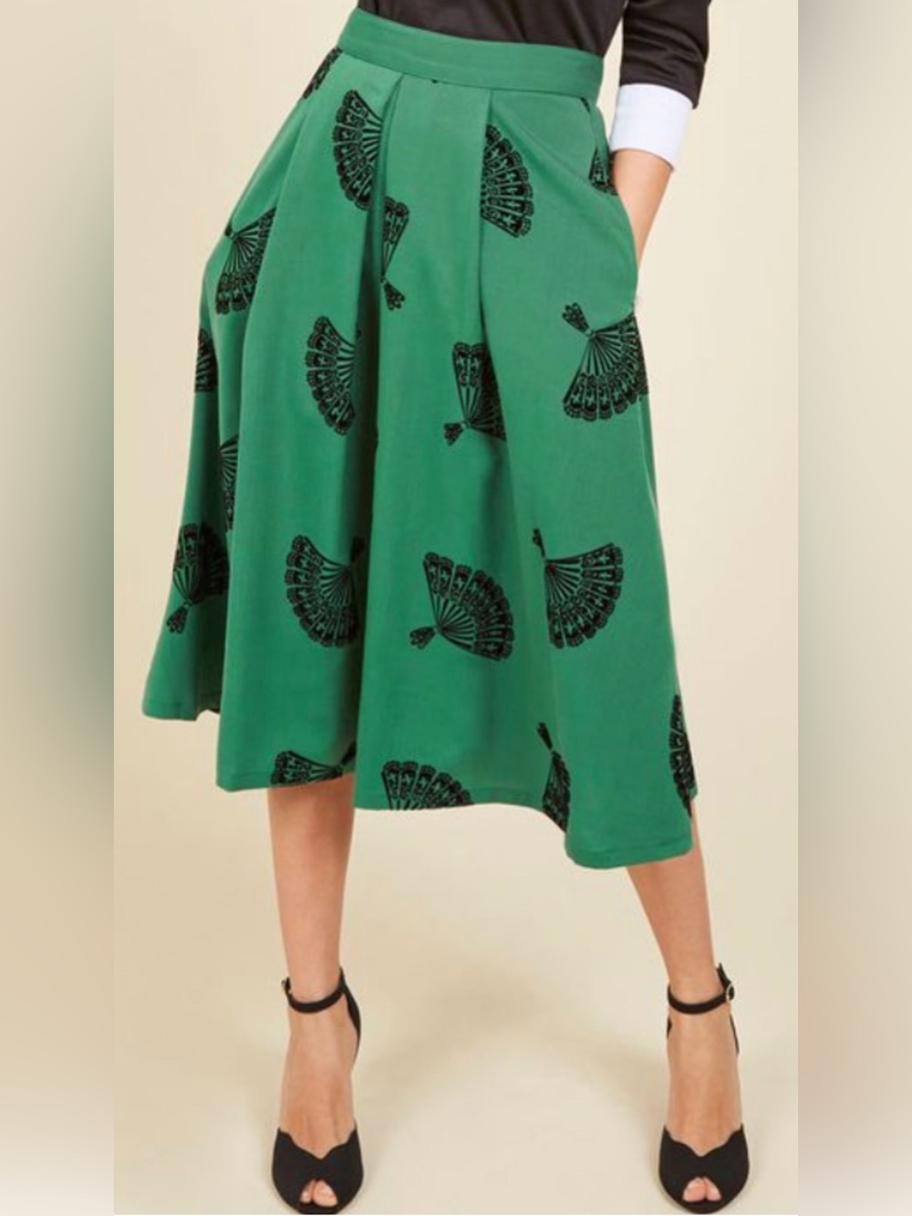 Tatyana Emerald Green Black Fan 1950s Pinup Full Midi Skirt S 💚🖤